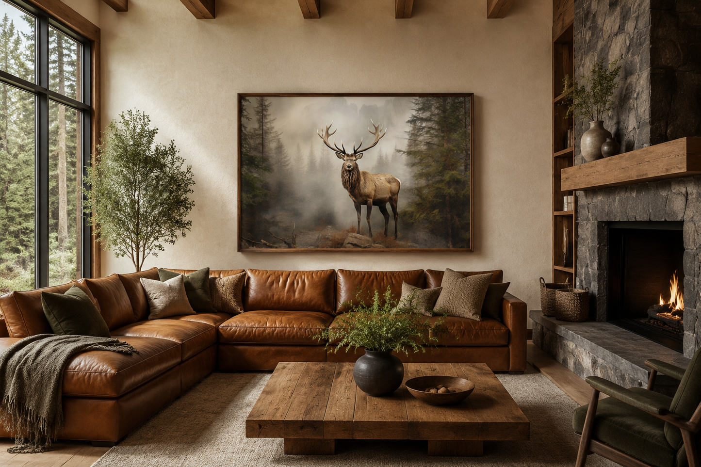 Elk In Fir Tree Forest Painting - Rustic Wildlife Wall Art For Cabin Decor