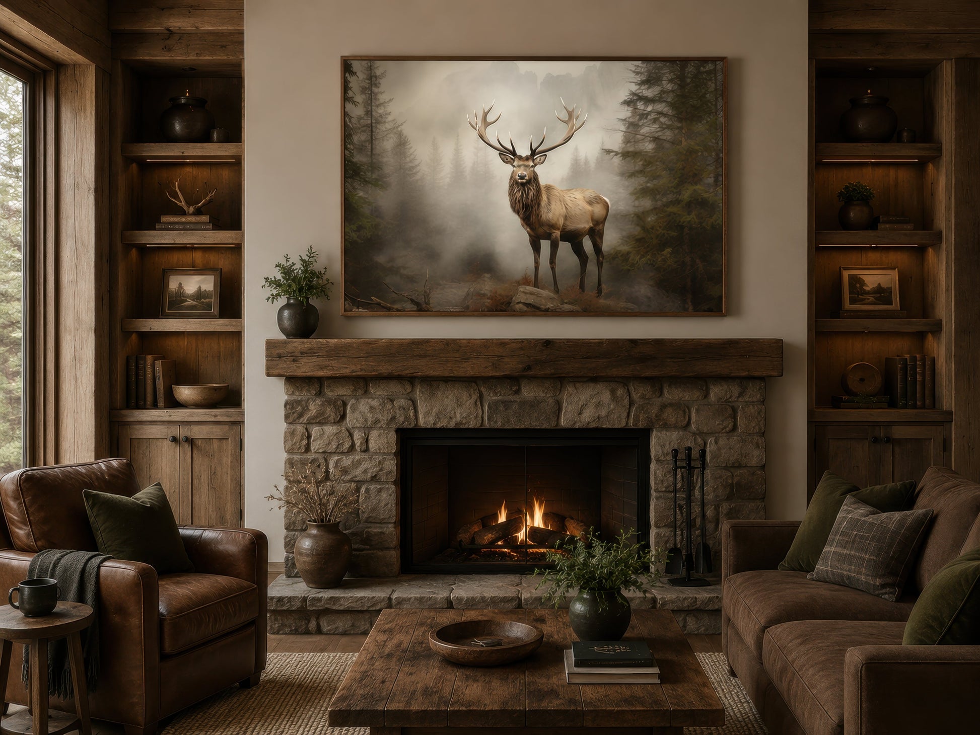 Elk In Fir Tree Forest Painting - Rustic Wildlife Wall Art For Cabin Decor