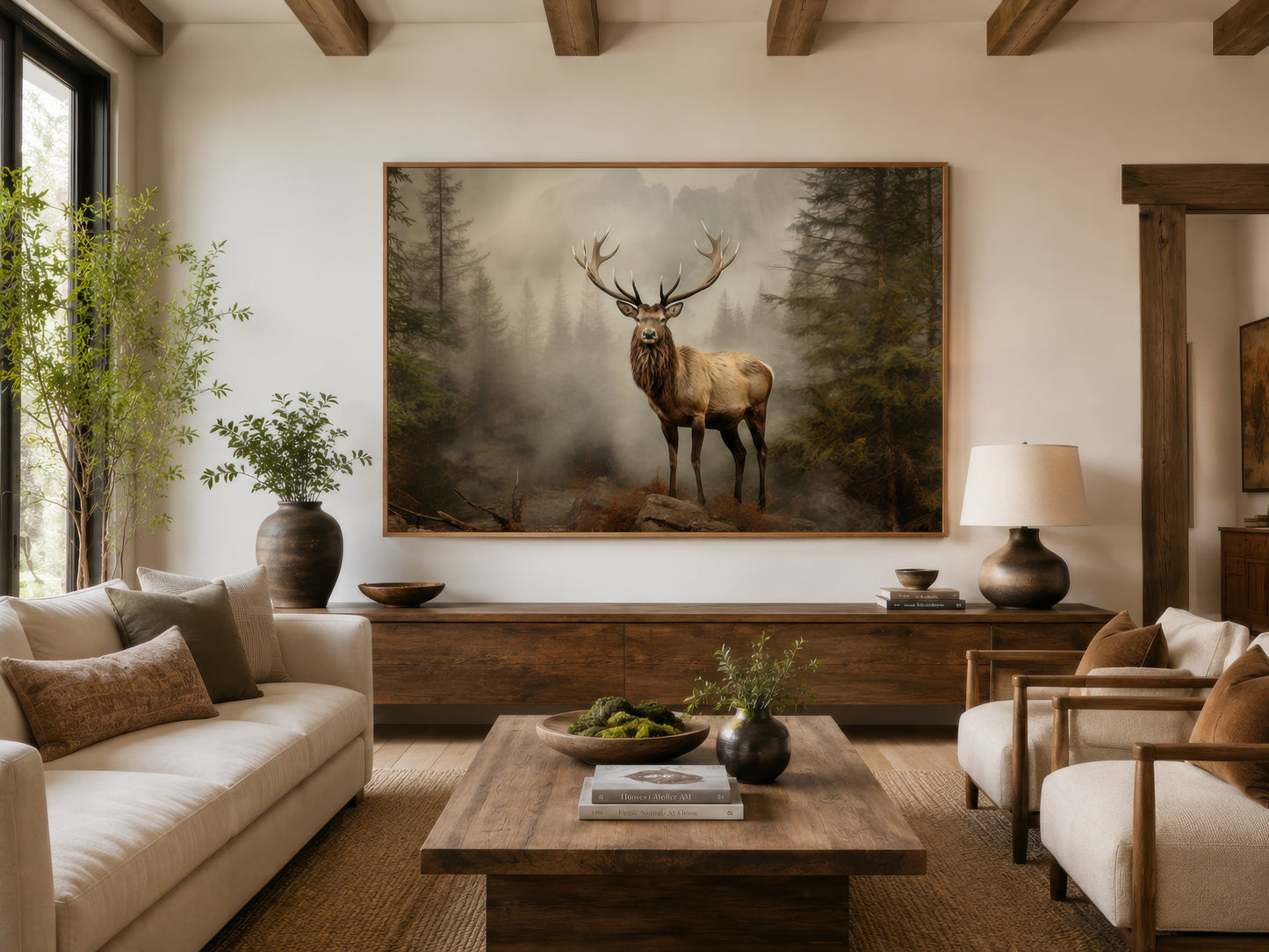 Elk In Fir Tree Forest Painting - Rustic Wildlife Wall Art For Cabin Decor