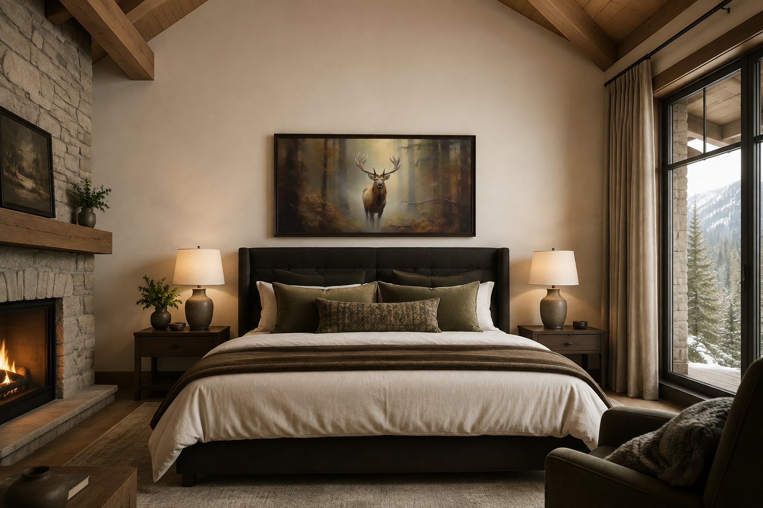 Elk In Foggy Forest Canvas Wall Art - Large Framed Rustic Cabin Decor