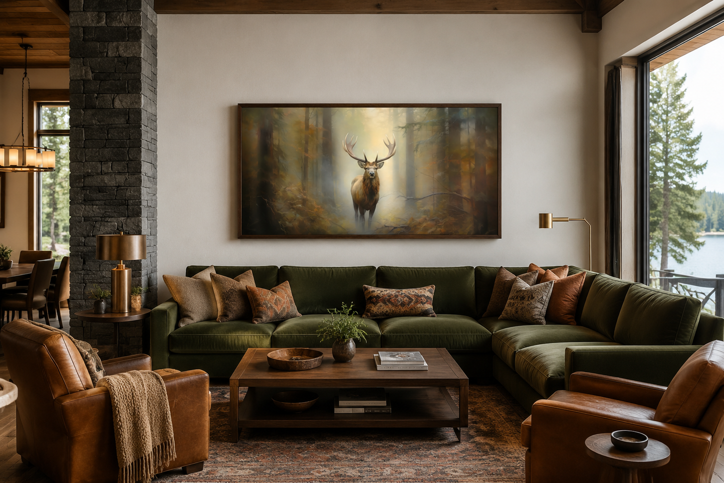 Elk In Foggy Forest Canvas Wall Art - Large Framed Rustic Cabin Decor