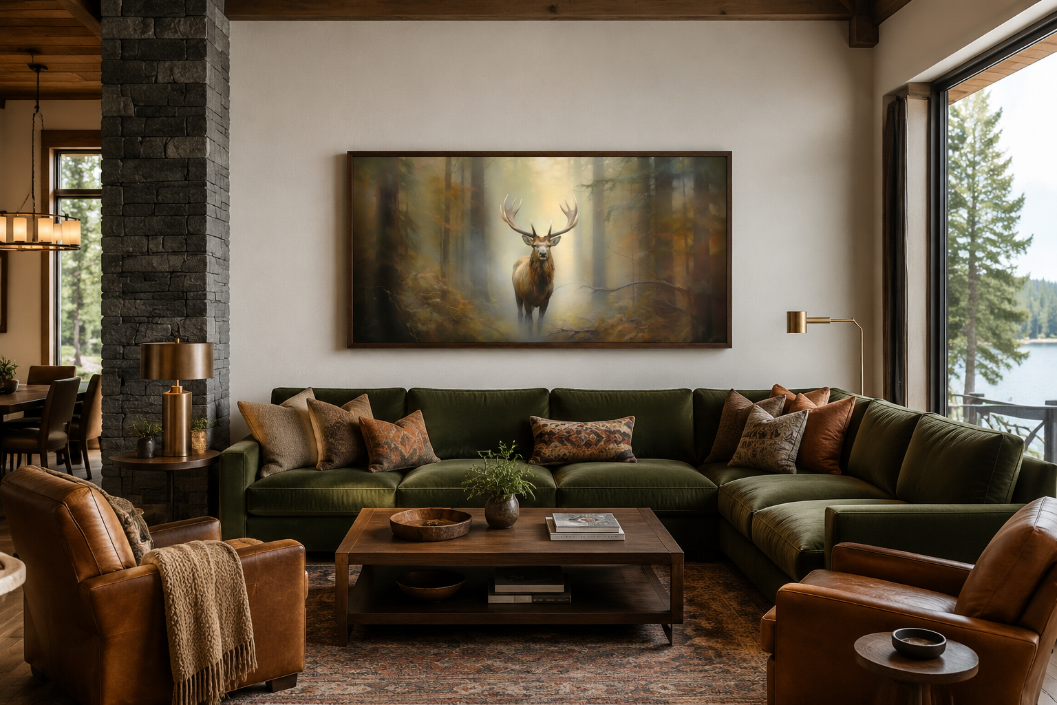 Elk In Foggy Forest Canvas Wall Art - Large Framed Rustic Cabin Decor