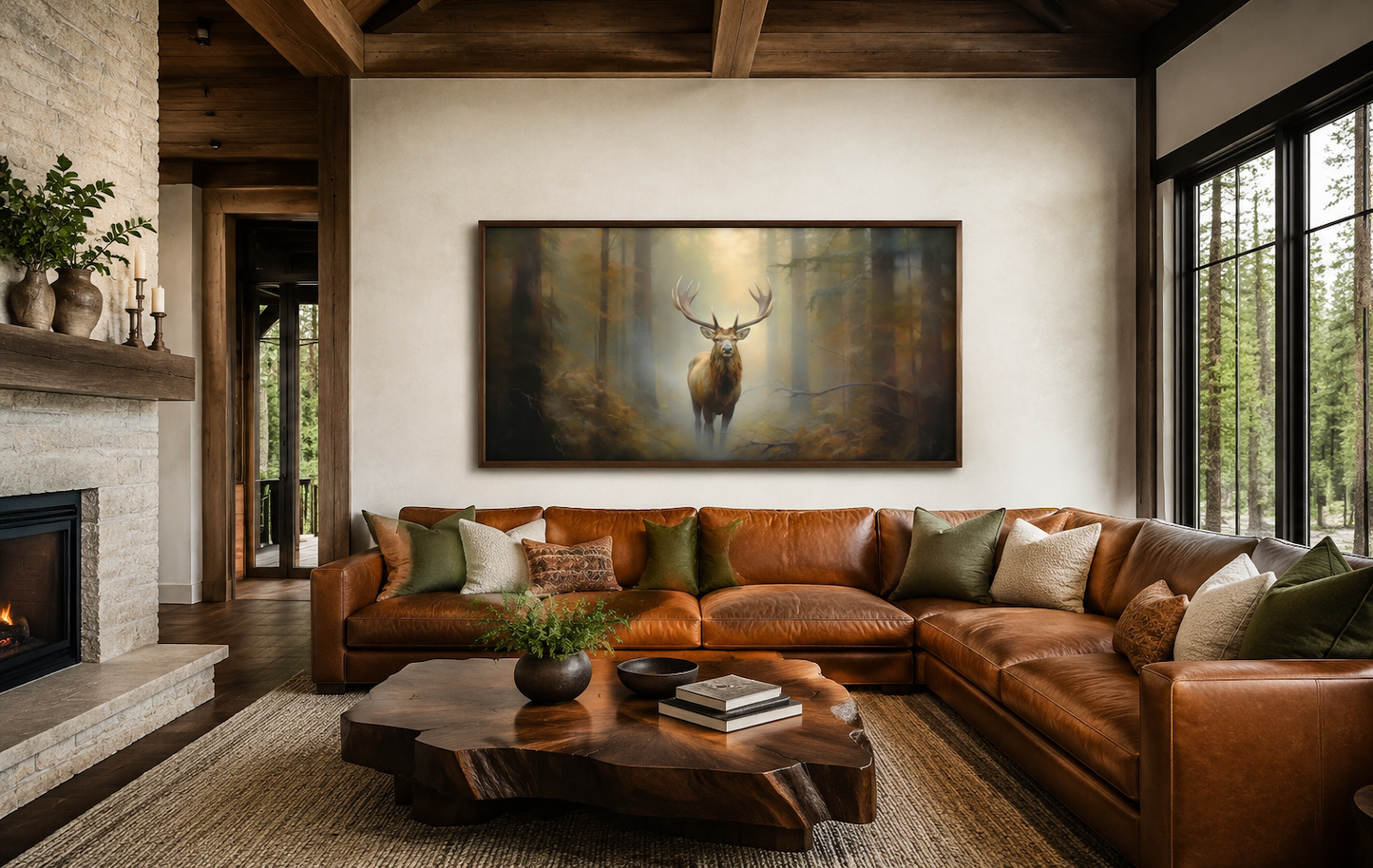 Elk In Foggy Forest Canvas Wall Art - Large Framed Rustic Cabin Decor