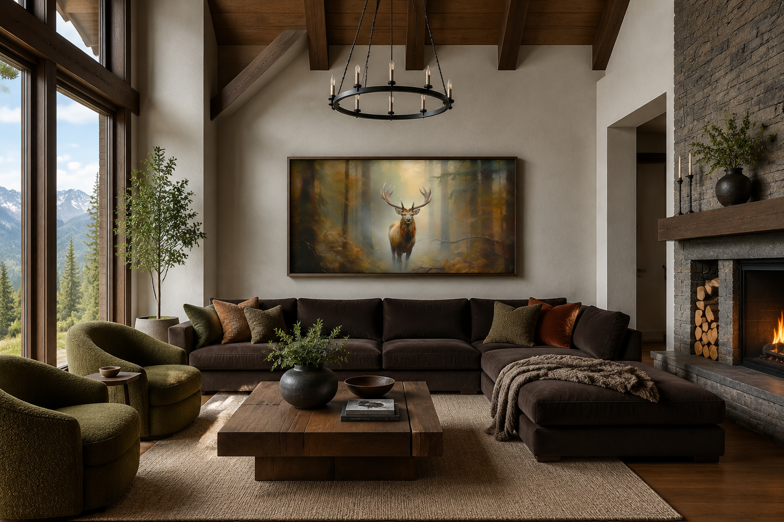 Elk In Foggy Forest Canvas Wall Art - Large Framed Rustic Cabin Decor