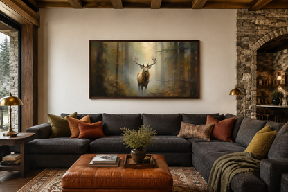 Elk In Foggy Forest Canvas Wall Art - Large Framed Rustic Cabin Decor