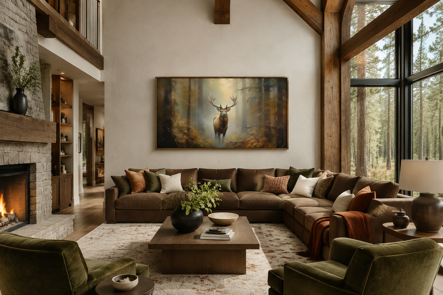 Elk In Foggy Forest Canvas Wall Art - Large Framed Rustic Cabin Decor