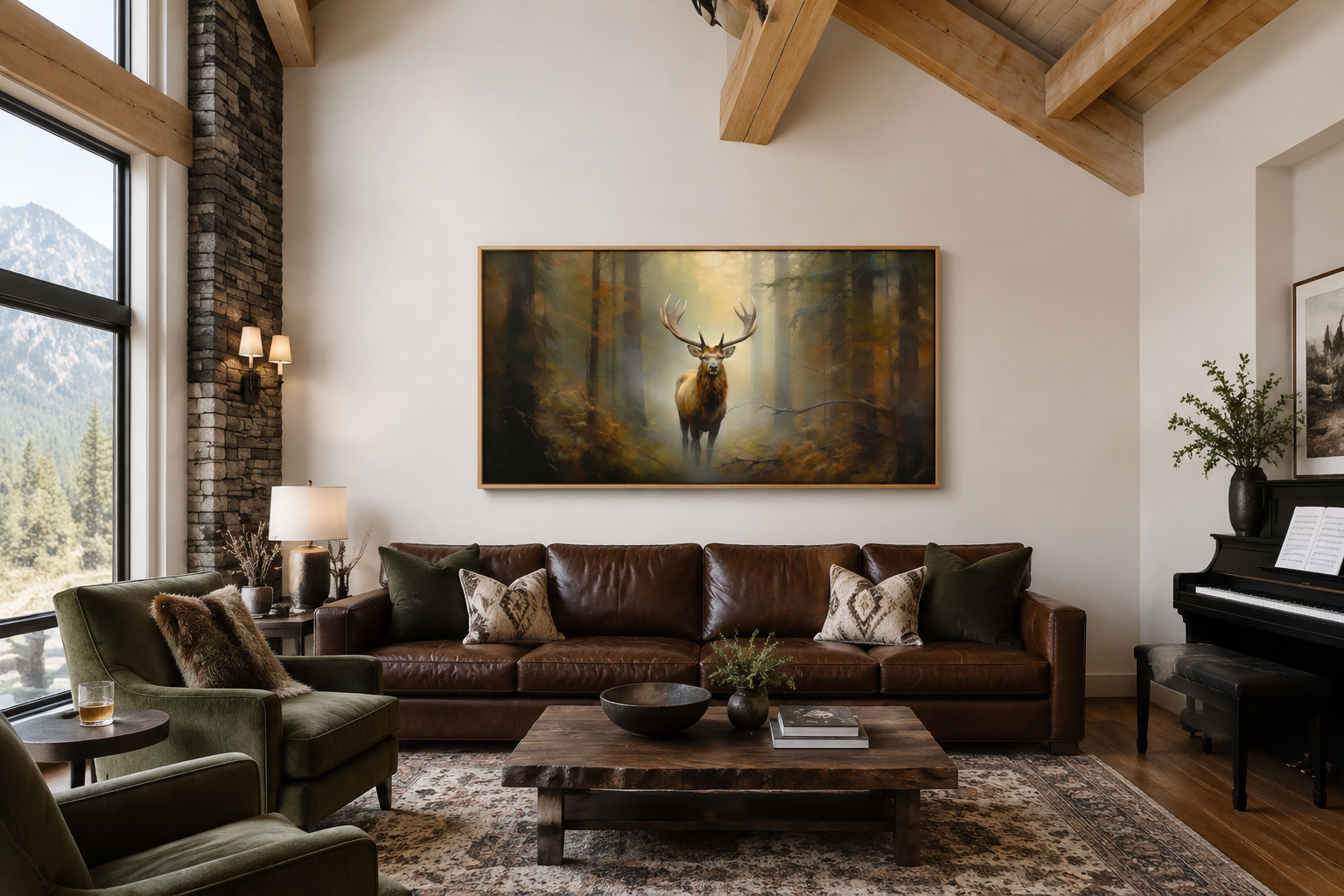 Elk In Foggy Forest Canvas Wall Art - Large Framed Rustic Cabin Decor