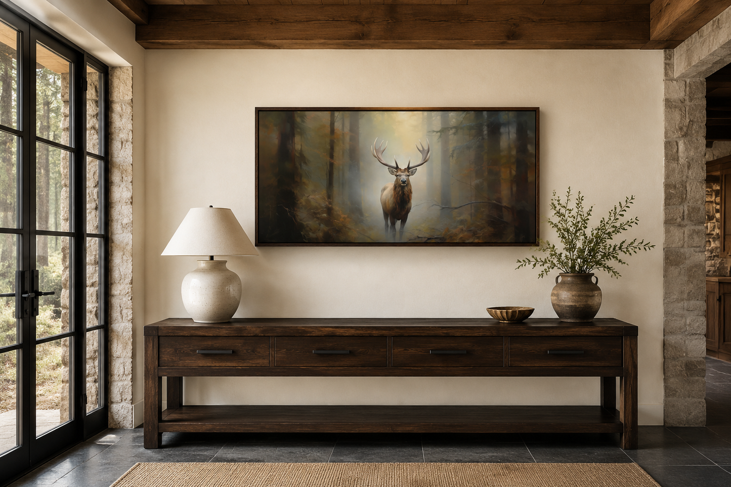 Elk In Foggy Forest Canvas Wall Art - Large Framed Rustic Cabin Decor