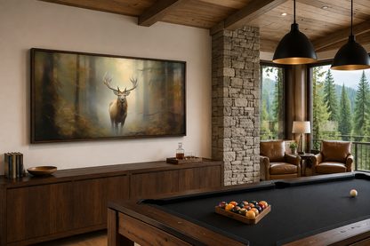 Elk In Foggy Forest Canvas Wall Art - Large Framed Rustic Cabin Decor