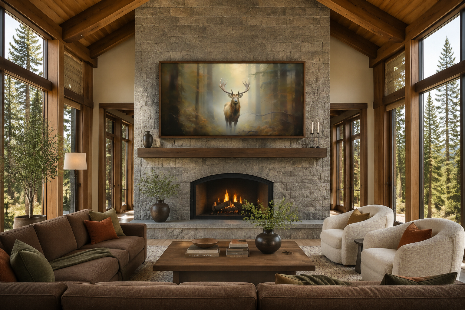 Elk In Foggy Forest Canvas Wall Art - Large Framed Rustic Cabin Decor