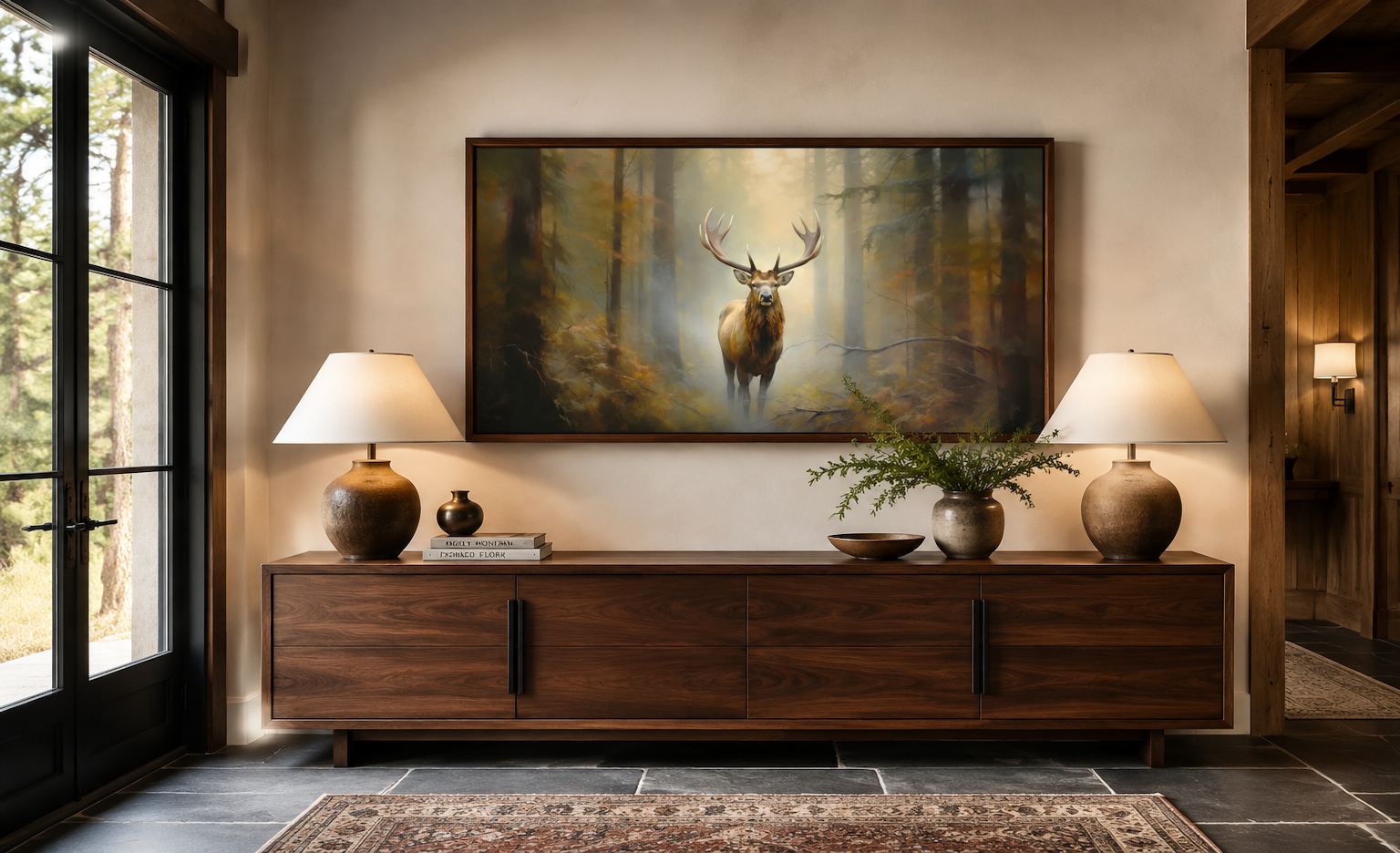 Elk In Foggy Forest Canvas Wall Art - Large Framed Rustic Cabin Decor