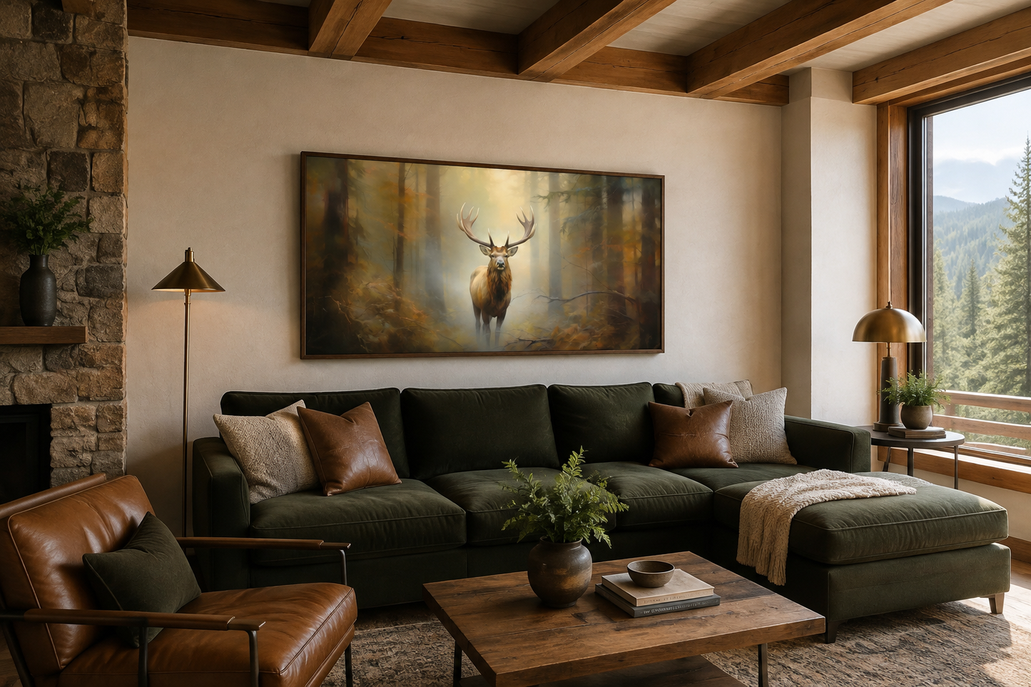Elk In Foggy Forest Canvas Wall Art - Large Framed Rustic Cabin Decor