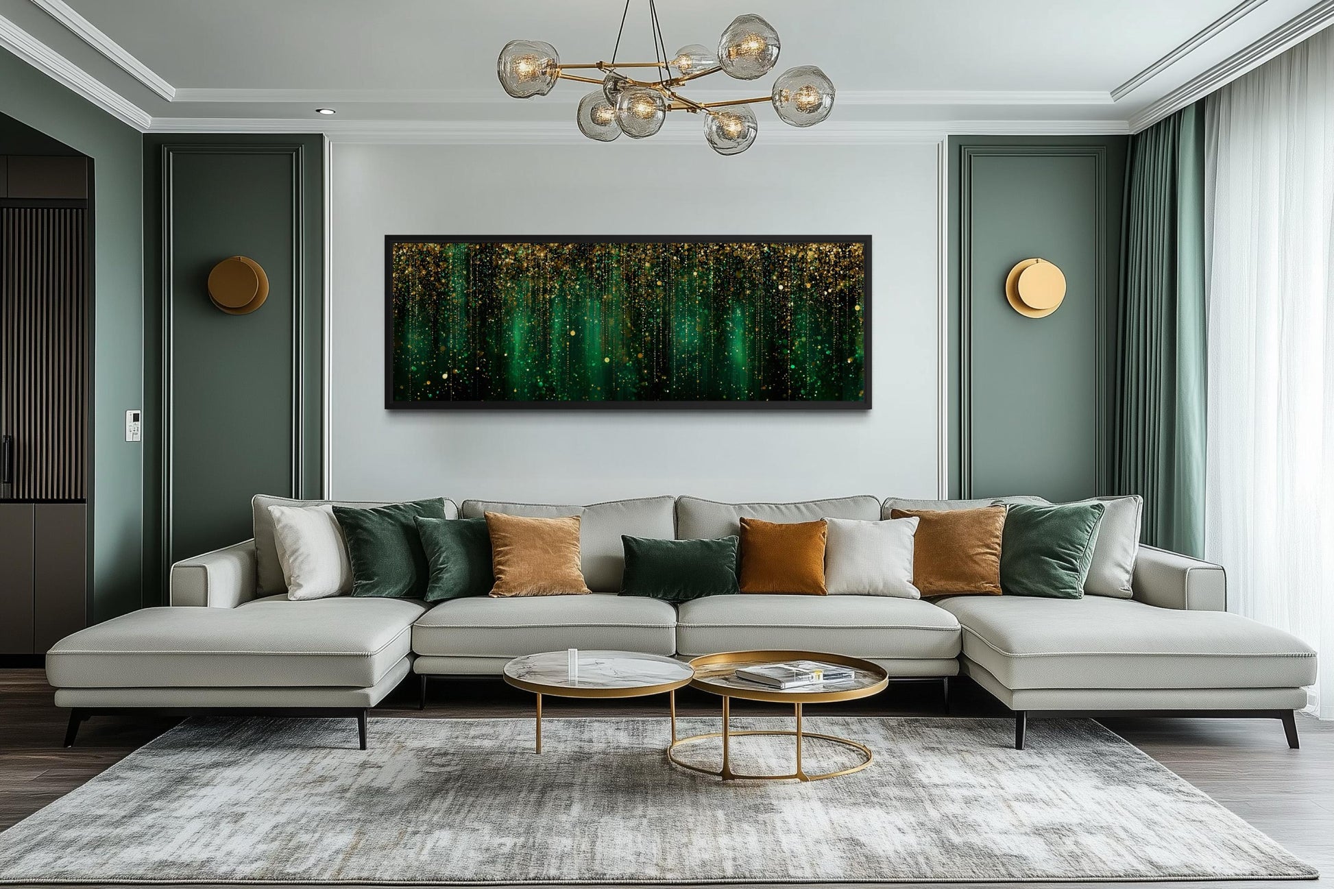 Emerald Green And Gold Abstract Rain Pattern Long Horizontal Canvas Wall Art For Above Bed Or Couch