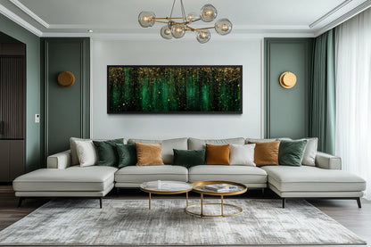Emerald Green And Gold Abstract Rain Pattern Long Horizontal Canvas Wall Art For Above Bed Or Couch