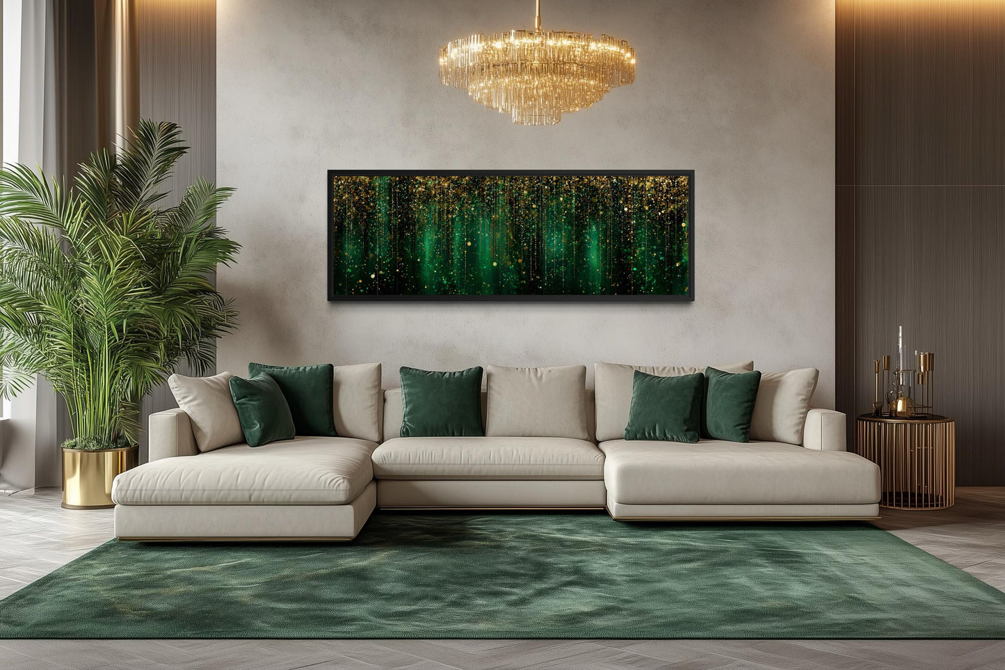 Emerald Green And Gold Abstract Rain Pattern Long Horizontal Canvas Wall Art For Above Bed Or Couch