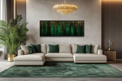 Emerald Green And Gold Abstract Rain Pattern Long Horizontal Canvas Wall Art For Above Bed Or Couch