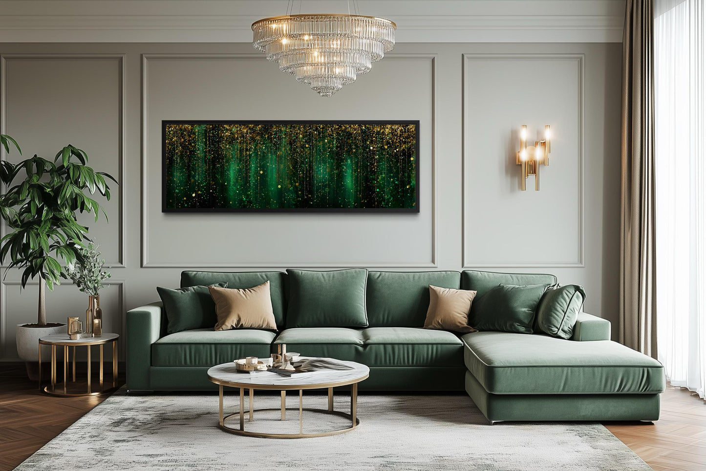Emerald Green And Gold Abstract Rain Pattern Long Horizontal Canvas Wall Art For Above Bed Or Couch