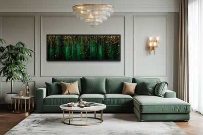 Emerald Green And Gold Abstract Rain Pattern Long Horizontal Canvas Wall Art For Above Bed Or Couch