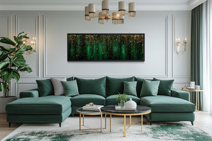 Emerald Green And Gold Abstract Rain Pattern Long Horizontal Canvas Wall Art For Above Bed Or Couch