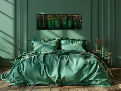 Emerald Green And Gold Abstract Rain Pattern Long Horizontal Canvas Wall Art For Above Bed Or Couch