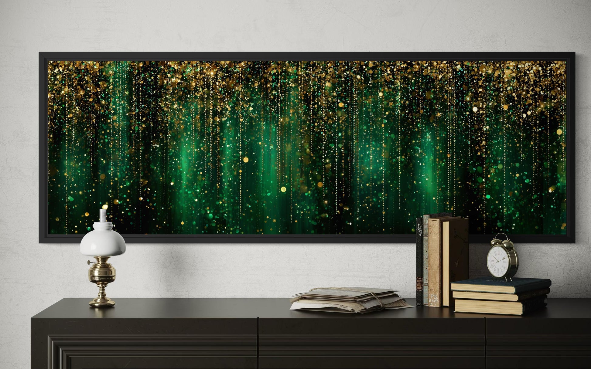 Emerald Green And Gold Abstract Rain Pattern Long Horizontal Canvas Wall Art For Above Bed Or Couch