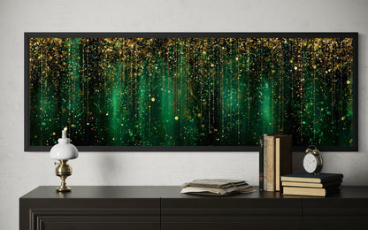 Emerald Green And Gold Abstract Rain Pattern Long Horizontal Canvas Wall Art For Above Bed Or Couch