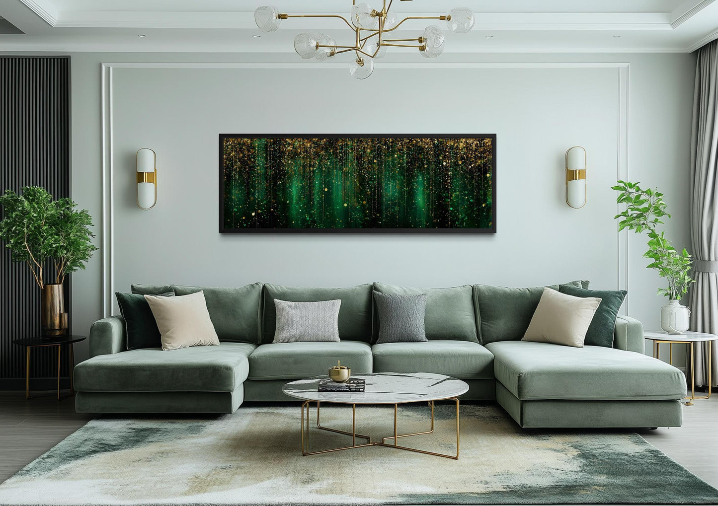 Emerald Green And Gold Abstract Rain Pattern Long Horizontal Canvas Wall Art For Above Bed Or Couch