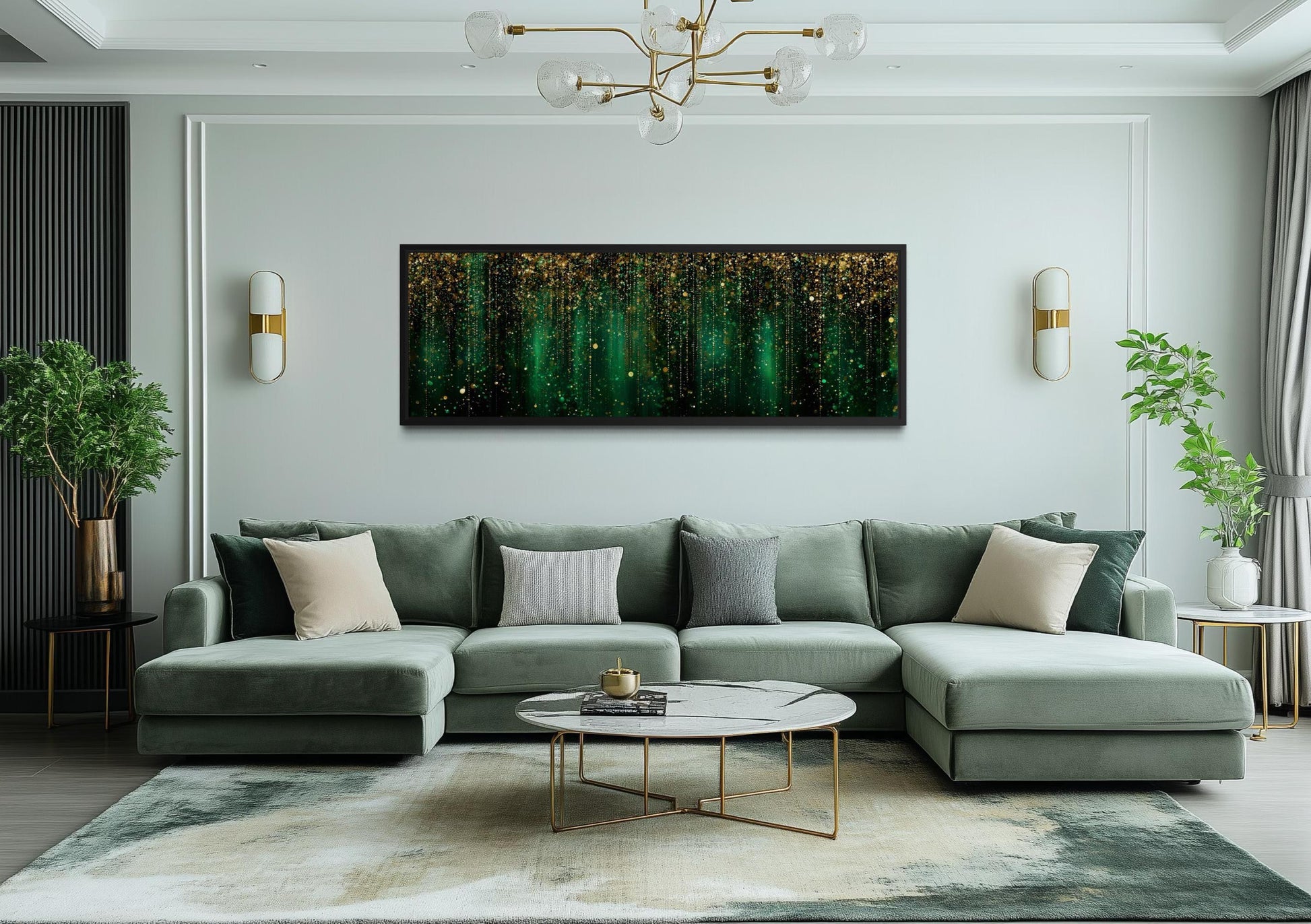 Emerald Green And Gold Abstract Rain Pattern Long Horizontal Canvas Wall Art For Above Bed Or Couch