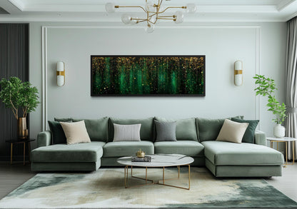 Emerald Green And Gold Abstract Rain Pattern Long Horizontal Canvas Wall Art For Above Bed Or Couch