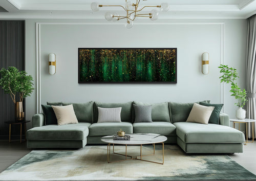Emerald Green And Gold Abstract Rain Pattern Long Horizontal Canvas Wall Art For Above Bed Or Couch
