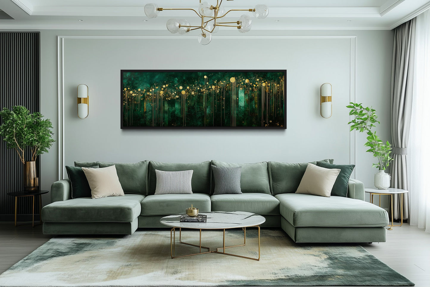 Emerald Green Gold Living Room Horizontal Art Deco Framed Canvas Wall Art