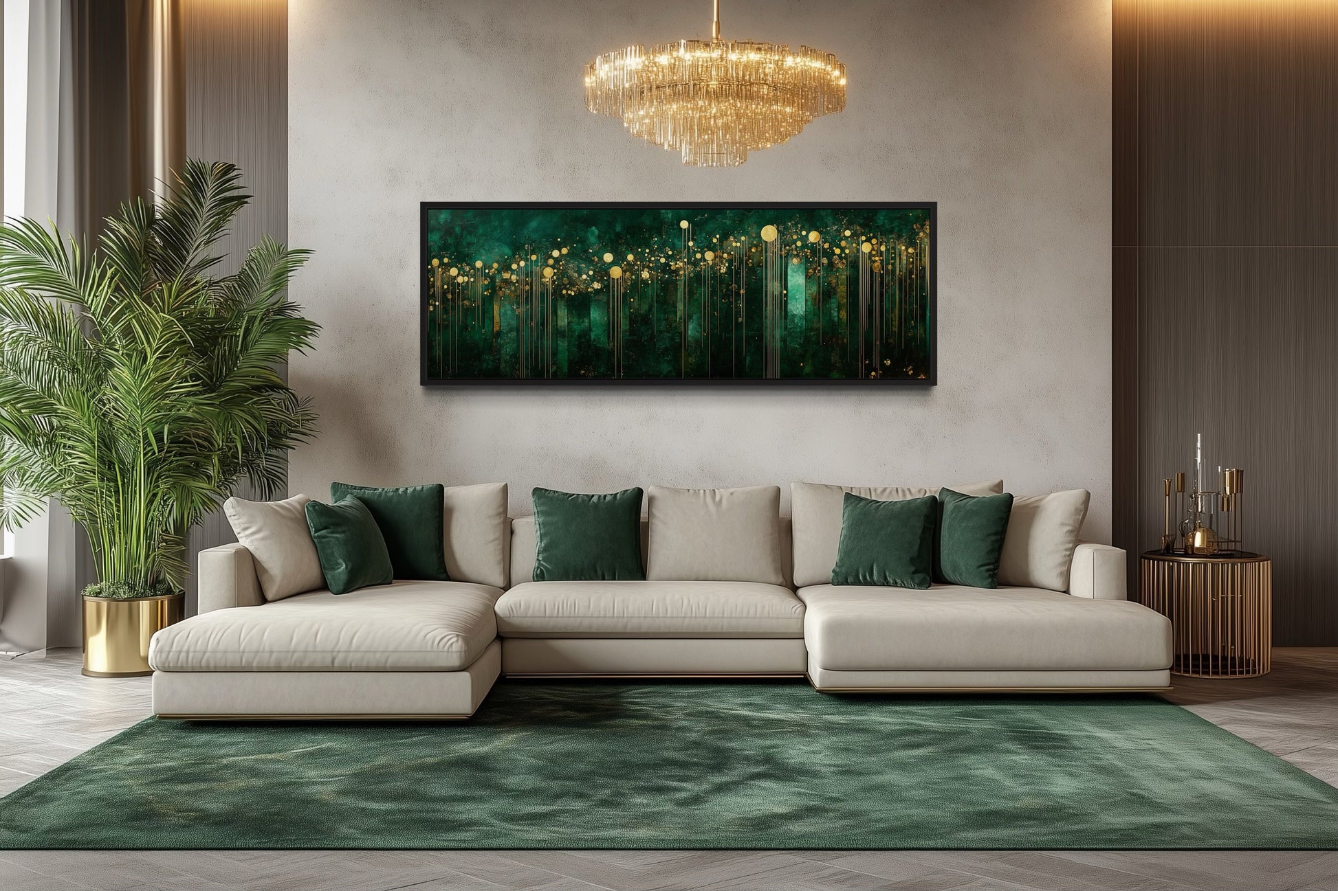 Emerald Green Gold Living Room Horizontal Art Deco Framed Canvas Wall Art