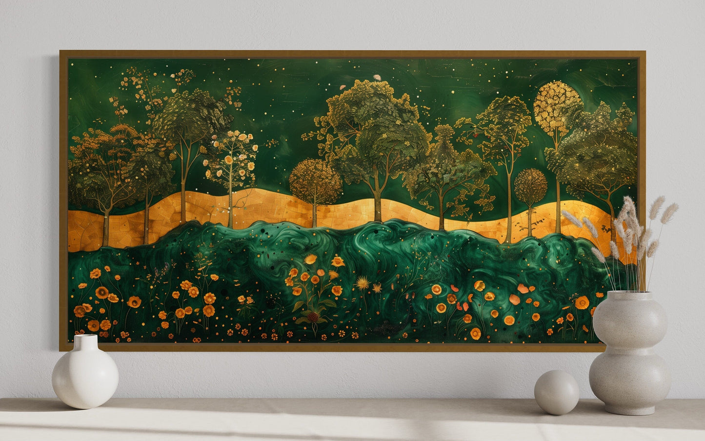 Emerald Green Gold Wall Art – Art Nouveau Framed Canvas Print With Tree Motif