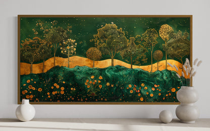 Emerald Green Gold Wall Art – Art Nouveau Framed Canvas Print With Tree Motif
