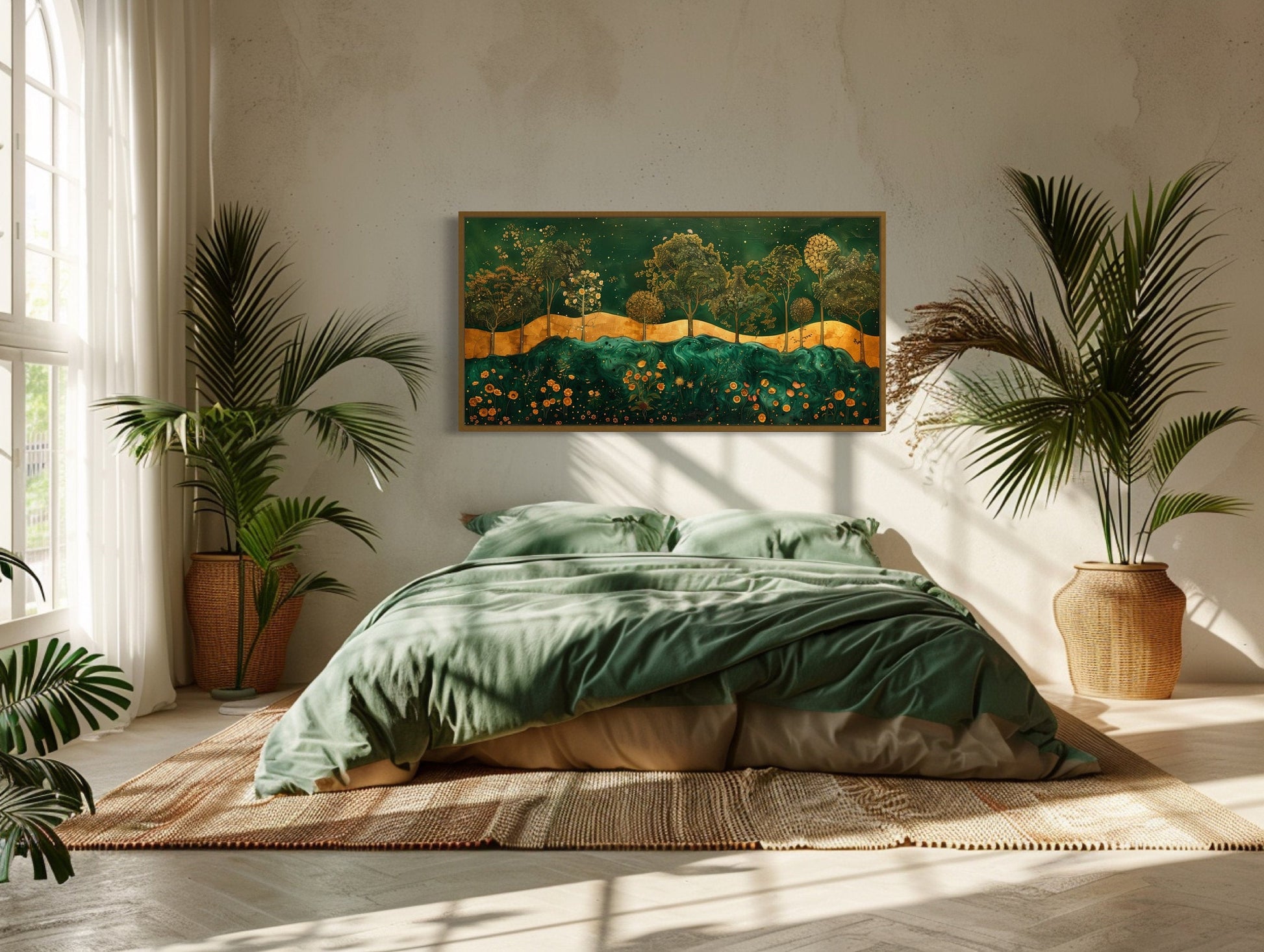 Emerald Green Gold Wall Art – Art Nouveau Framed Canvas Print With Tree Motif