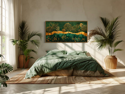 Emerald Green Gold Wall Art – Art Nouveau Framed Canvas Print With Tree Motif
