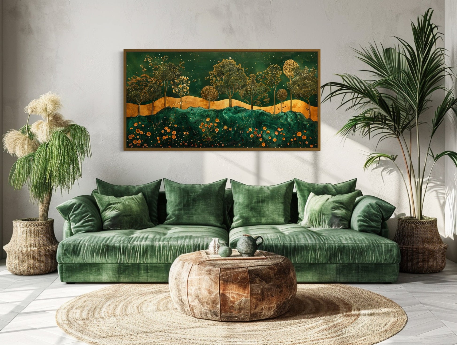 Emerald Green Gold Wall Art – Art Nouveau Framed Canvas Print With Tree Motif