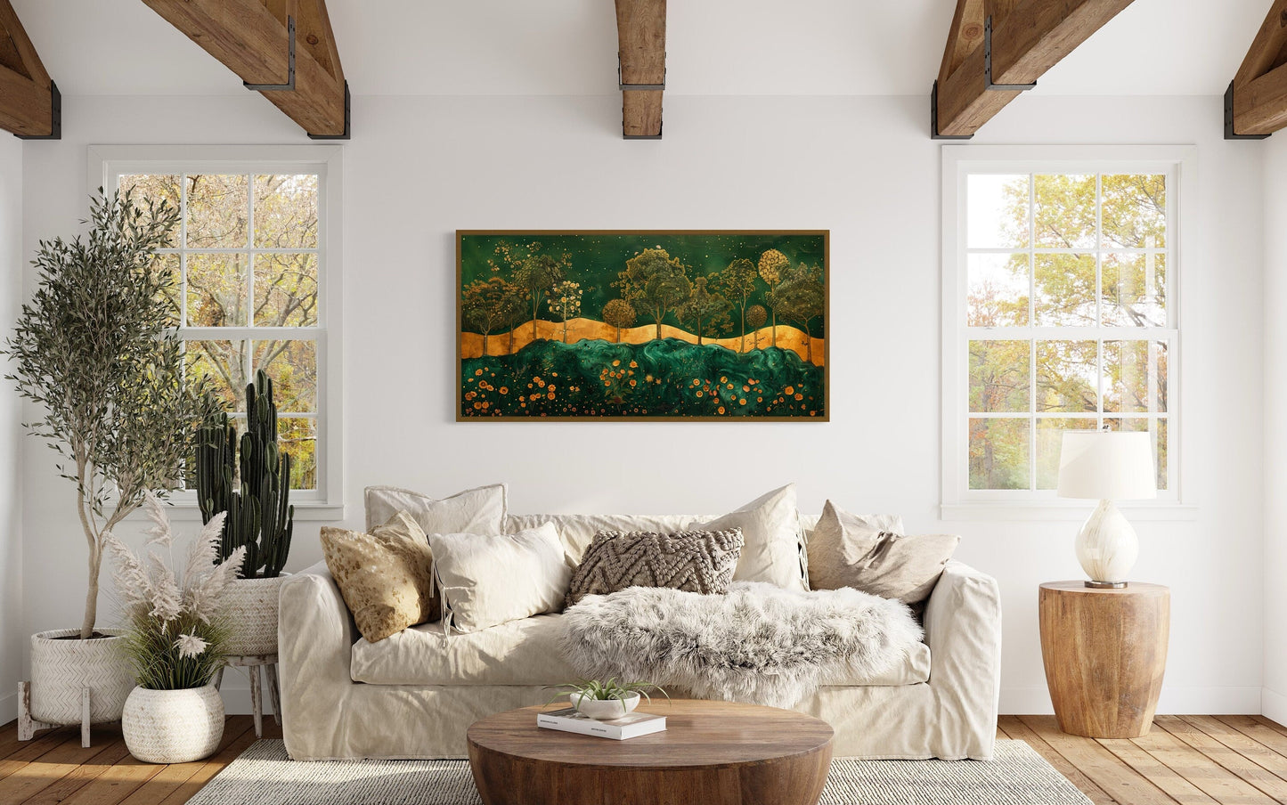 Emerald Green Gold Wall Art – Art Nouveau Framed Canvas Print With Tree Motif