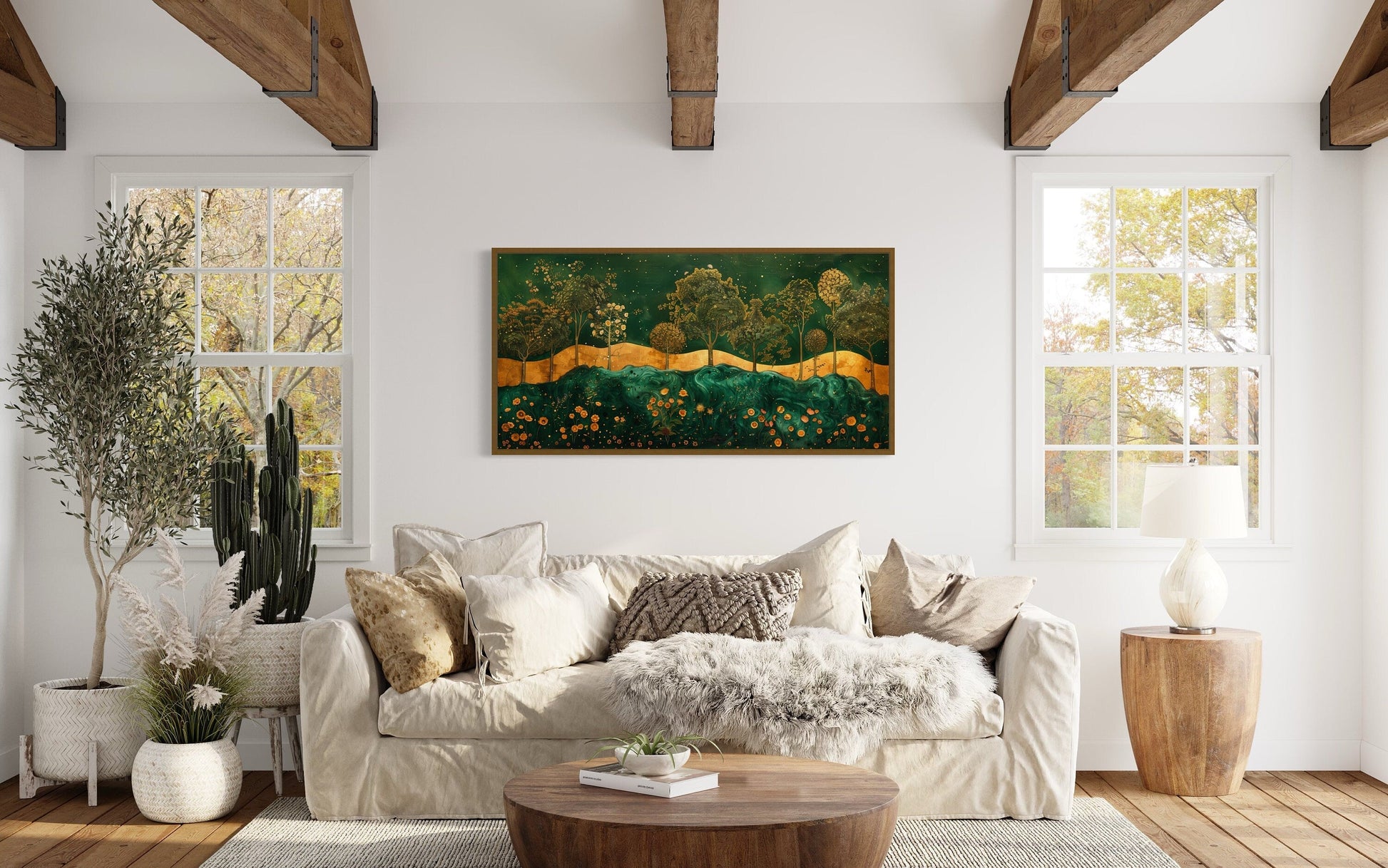 Emerald Green Gold Wall Art – Art Nouveau Framed Canvas Print With Tree Motif