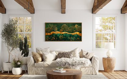 Emerald Green Gold Wall Art – Art Nouveau Framed Canvas Print With Tree Motif