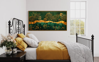 Emerald Green Gold Wall Art – Art Nouveau Framed Canvas Print With Tree Motif