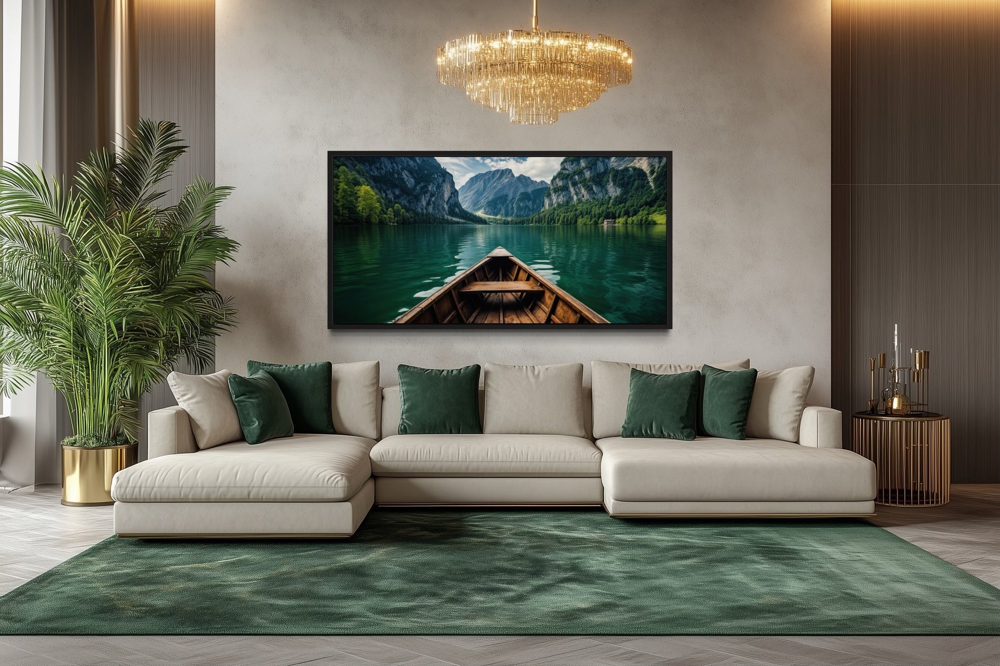 Close Up Of A Wooden Boat In Emerald Green Lake Art For Lake house Decor Canvas Wall Art
