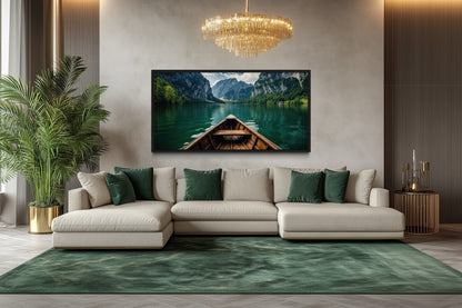 Close Up Of A Wooden Boat In Emerald Green Lake Art For Lake house Decor Canvas Wall Art