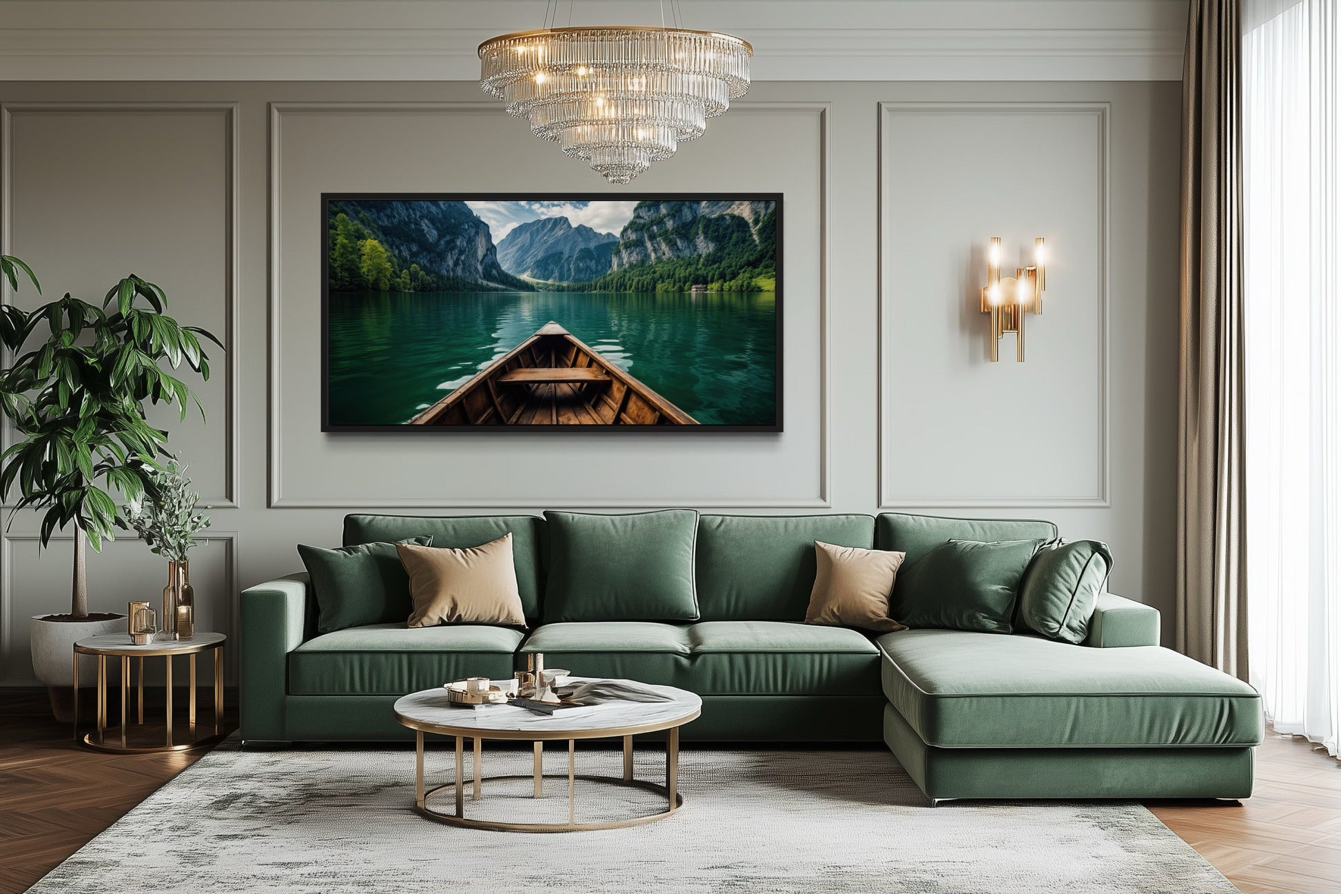 Close Up Of A Wooden Boat In Emerald Green Lake Art For Lake house Decor Canvas Wall Art