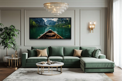 Close Up Of A Wooden Boat In Emerald Green Lake Art For Lake house Decor Canvas Wall Art