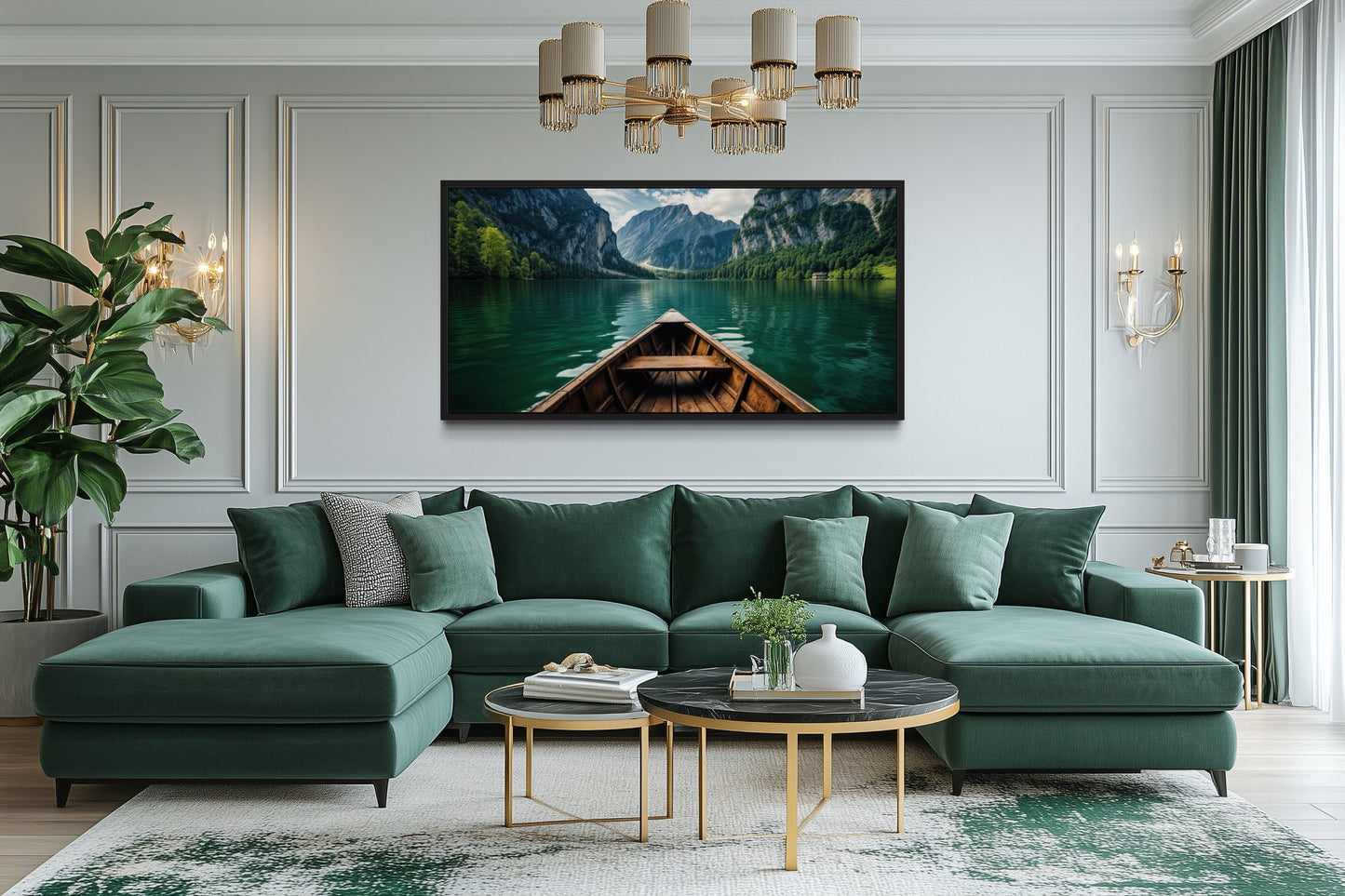 Close Up Of A Wooden Boat In Emerald Green Lake Art For Lake house Decor Canvas Wall Art