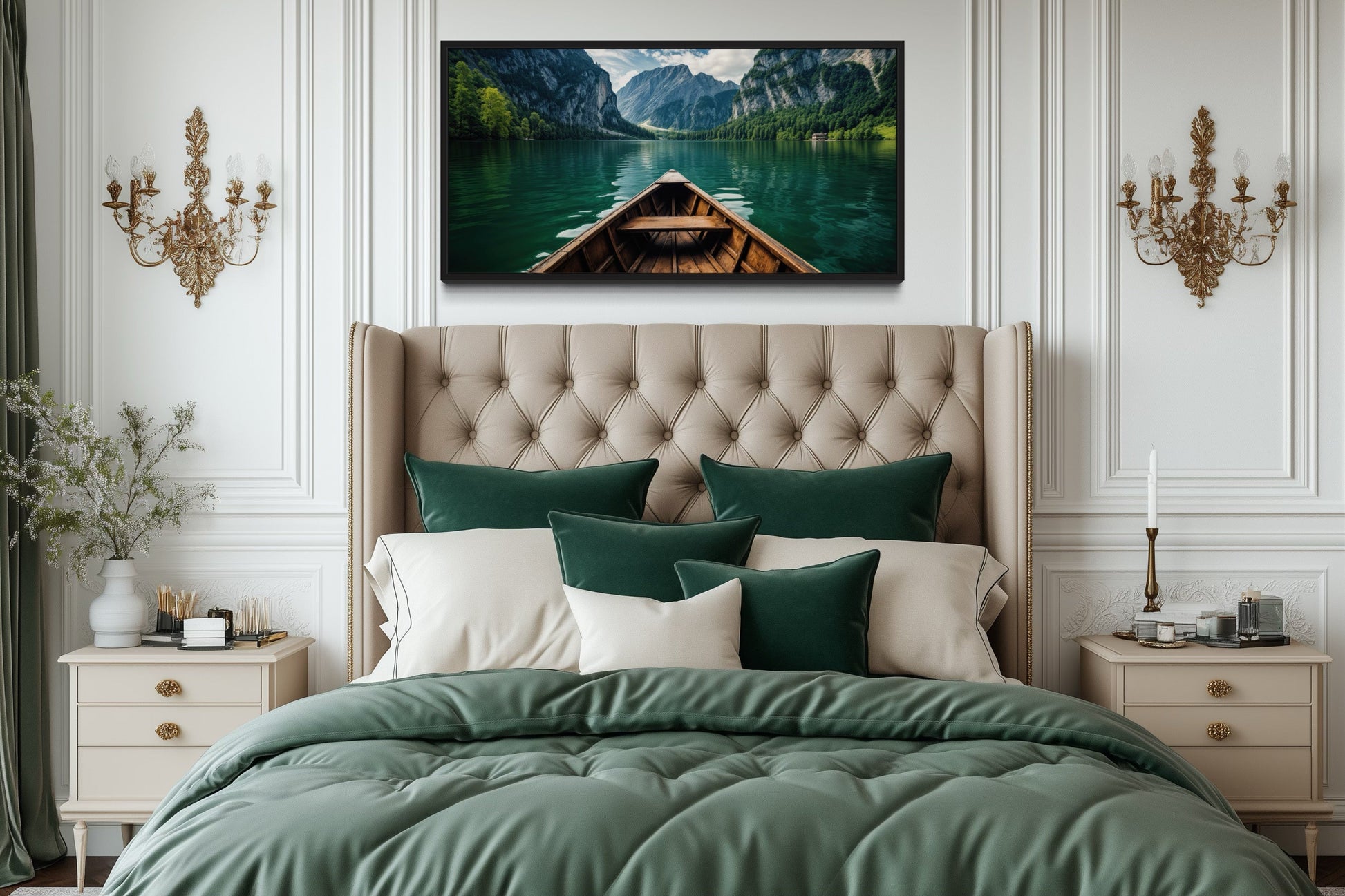 Close Up Of A Wooden Boat In Emerald Green Lake Art For Lake house Decor Canvas Wall Art