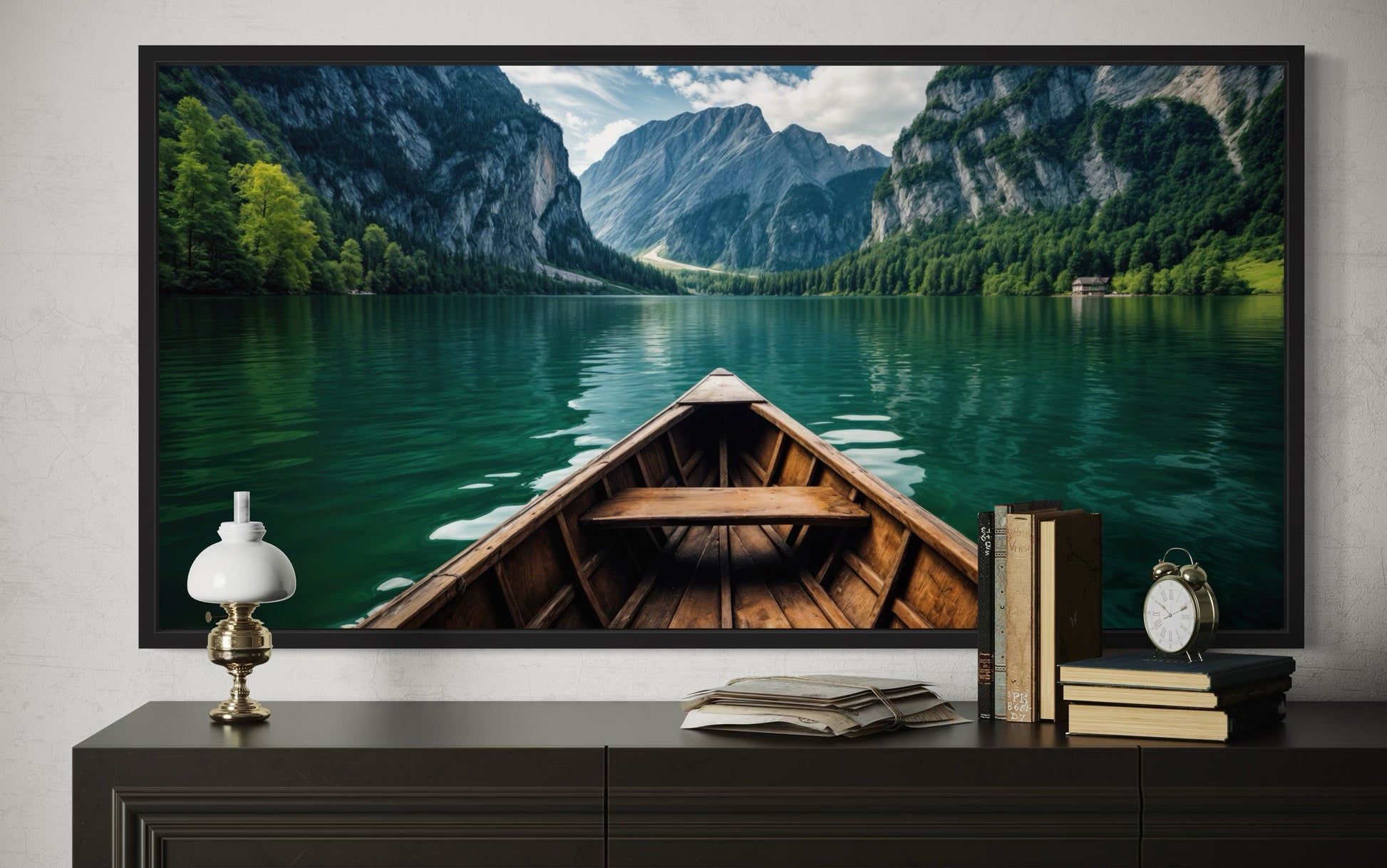 Close Up Of A Wooden Boat In Emerald Green Lake Art For Lake house Decor Canvas Wall Art