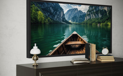 Close Up Of A Wooden Boat In Emerald Green Lake Art For Lake house Decor Canvas Wall Art