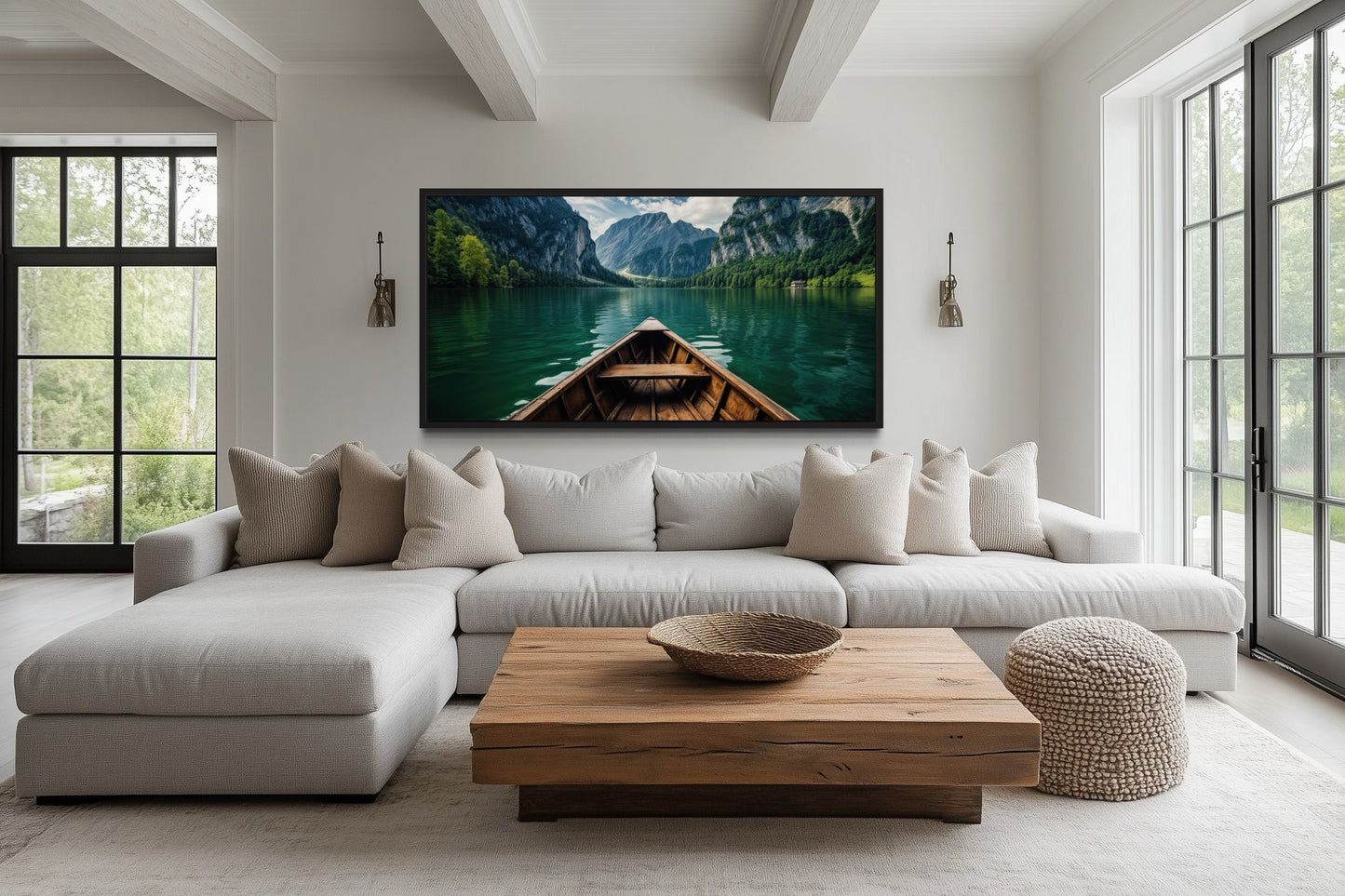 Close Up Of A Wooden Boat In Emerald Green Lake Art For Lake house Decor Canvas Wall Art